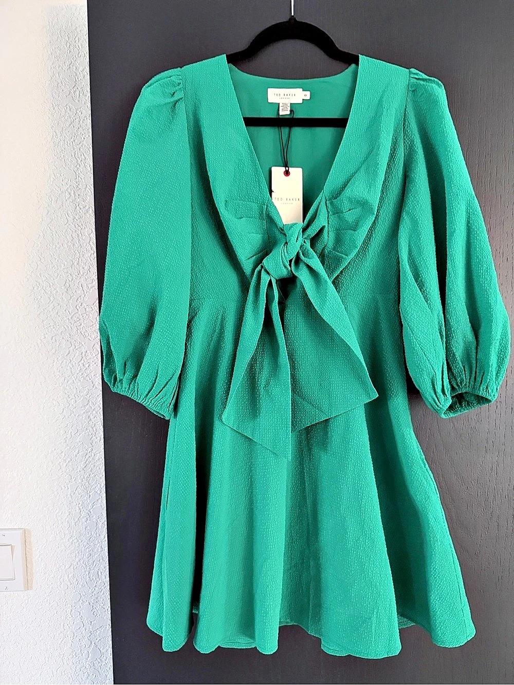 Ted Baker Jozelyn Tie Front Mini Dress with Balloon Sleeve Green Size 0